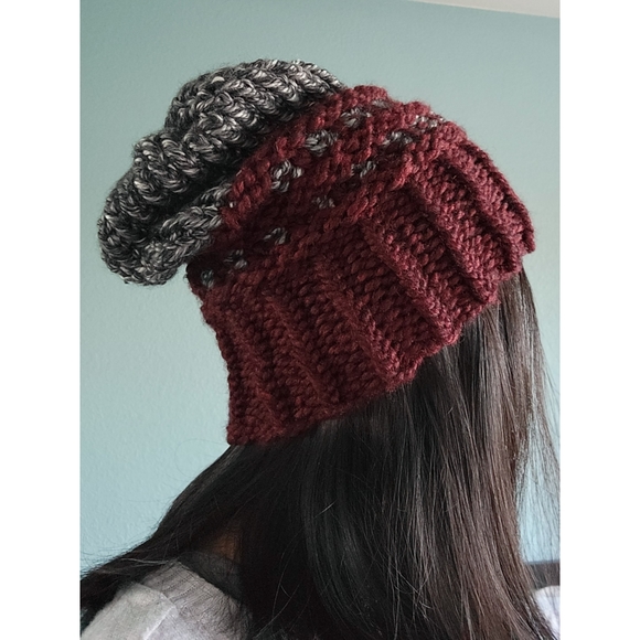 Two-Tone Waffle-Base Knit Beanie - Charcoal/Burgundy (Handmade) - Picture 11 of 12